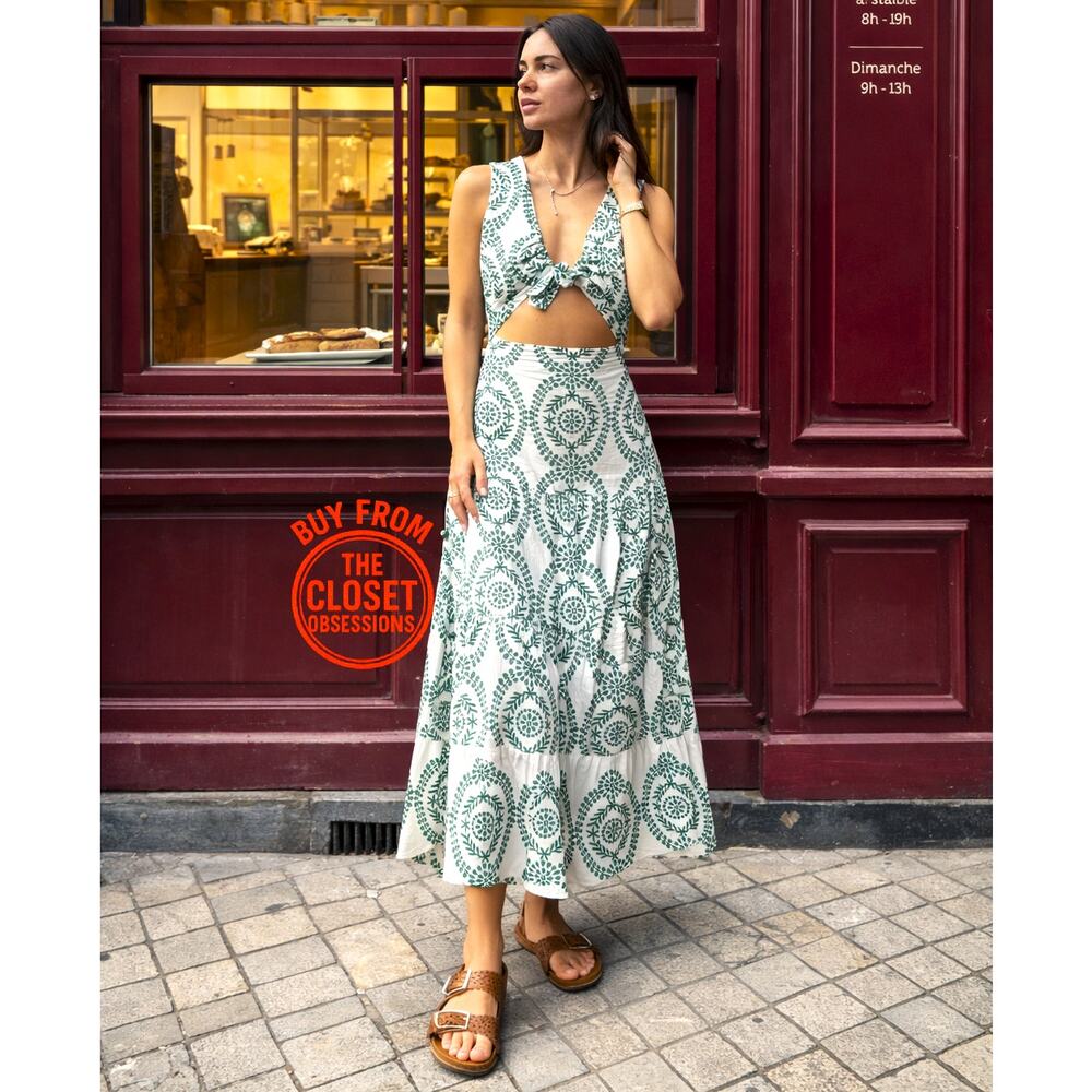 Zara NWT Green White Front Knot Cutout Midi Dress Resort Vacation M L - Picture 8 of 16